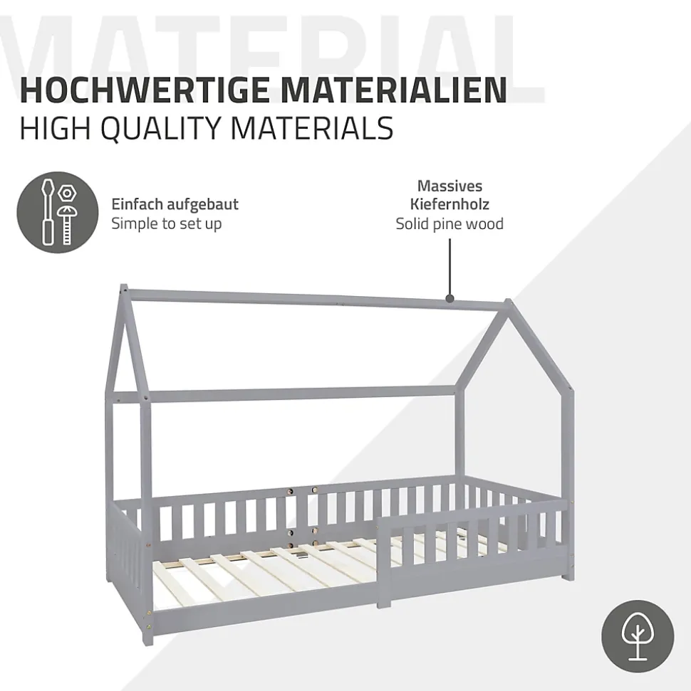 Lit d'enfant ML-Design 90x200 cm gris clair en bois de pin massif style maison avec matelas H:10 cm