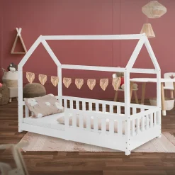 Lit d'enfant ML-Design 160x80 cm blanc en bois de pin avec toit et sommier protection contre chutes
