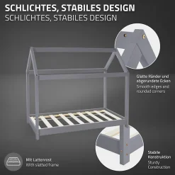 Lit d'enfant ML-Design 70x140 cm gris clair bois de pin massif structure maison avec toit et sommier