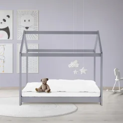 Lit d'enfant ML-Design 70x140 cm gris clair bois de pin massif structure maison avec toit et sommier