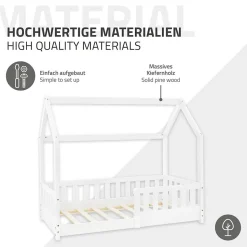 Lit d'enfant ML-Design 70x140 cm blanc en bois de pin massif style maison avec sommier et matelas