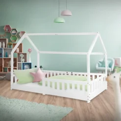 Lit d'enfant ML-Design 90x200 cm blanc en bois de pin avec toit et sommier protection contre chutes