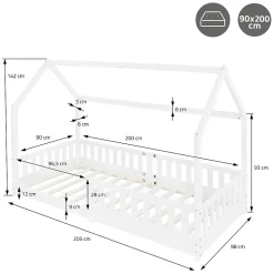 Lit d'enfant ML-Design 90x200 cm blanc en bois de pin avec toit et sommier protection contre chutes