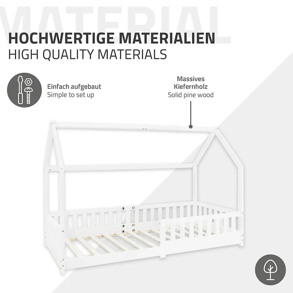 Lit d'enfant ML-Design 90x200 cm blanc en bois de pin avec toit et sommier protection contre chutes