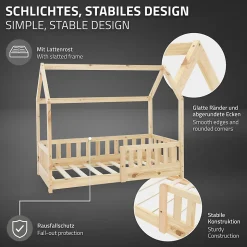 Lit d'enfant ML-Design 70x140 cm naturel en bois de pin massif style maison avec sommier et matelas