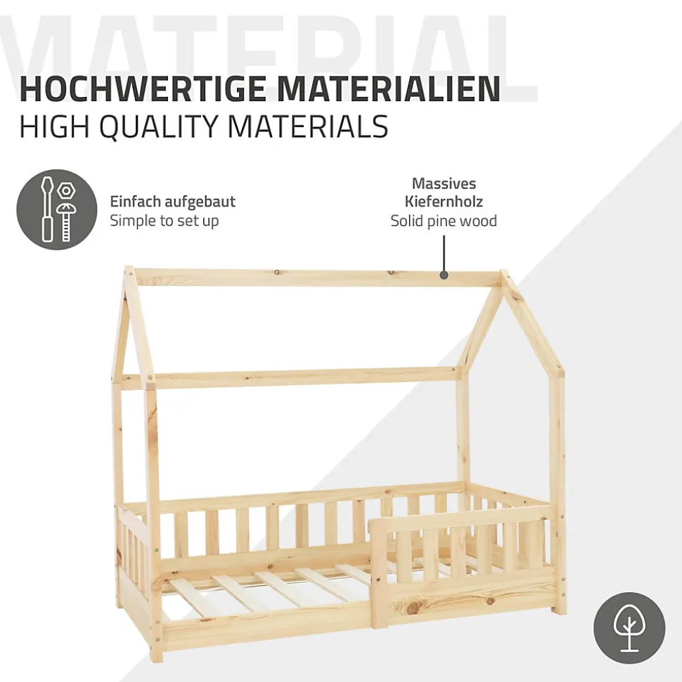 Lit d'enfant ML-Design 70x140 cm naturel en bois de pin massif style maison avec sommier et matelas