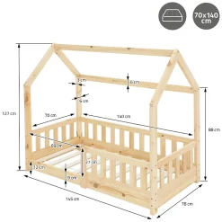 Lit d'enfant ML-Design 70x140 cm naturel en bois de pin massif style maison avec sommier et matelas