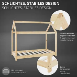 Lit d'enfant ML-Design 70x140 cm naturel en bois de pin massif structure maison avec toit et sommier