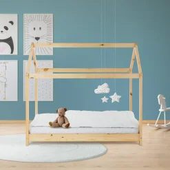 Lit d'enfant ML-Design 70x140 cm naturel en bois de pin massif structure maison avec toit et sommier