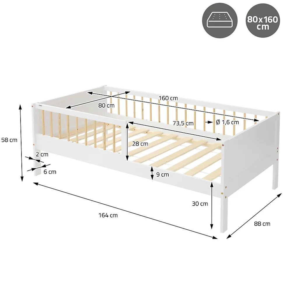 Lit d'enfant ML-Design 80x160 cm blanc-naturel en bois de pin avec sommier à lattes sans matelas