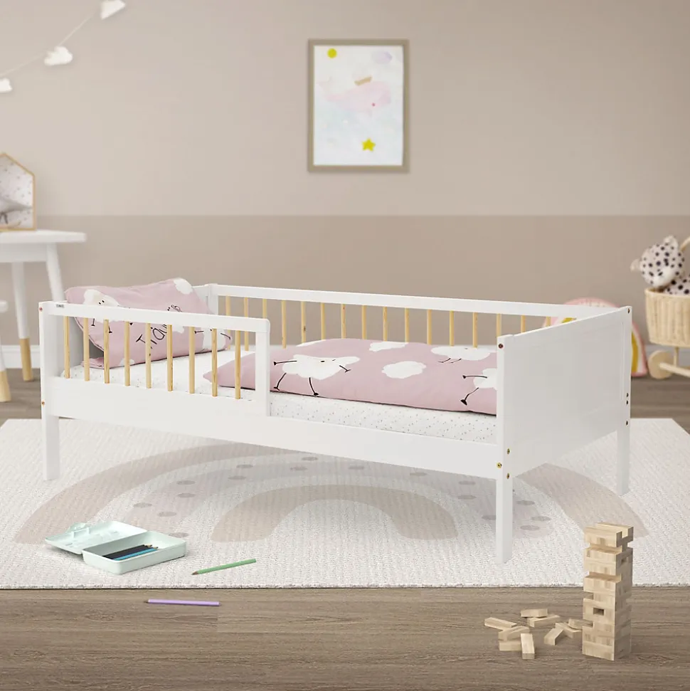 Lit d'enfant ML-Design 80x160 cm blanc-naturel en bois de pin avec sommier à lattes sans matelas