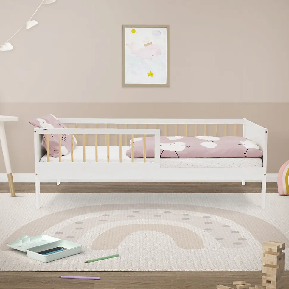 Lit d'enfant ML-Design 80x160 cm blanc-naturel en bois de pin avec sommier à lattes sans matelas