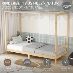 Lit d'enfant ML-Design 90x200 cm naturel beige bois de pin avec but de football et sommier à lattes