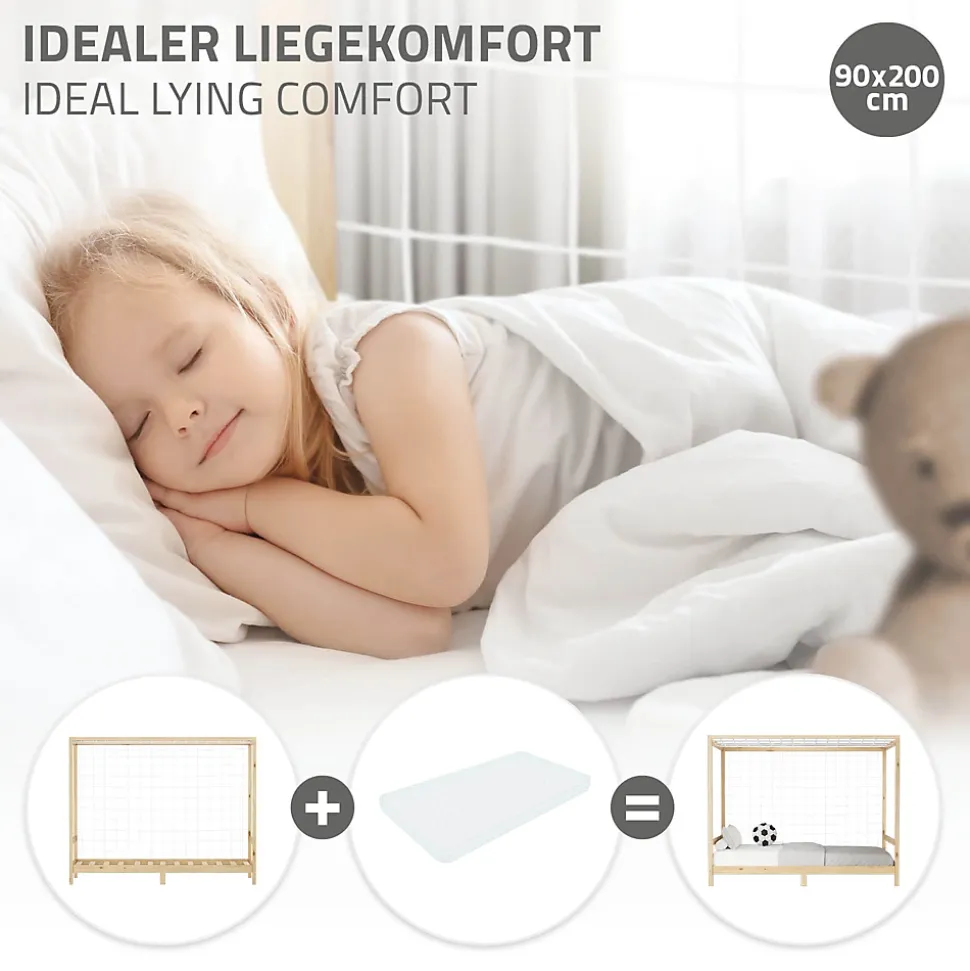 Lit d'enfant ML-Design 90x200 cm naturel beige bois de pin avec but de football et sommier à lattes