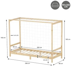 Lit d'enfant ML-Design 90x200 cm naturel beige bois de pin avec but de football et sommier à lattes
