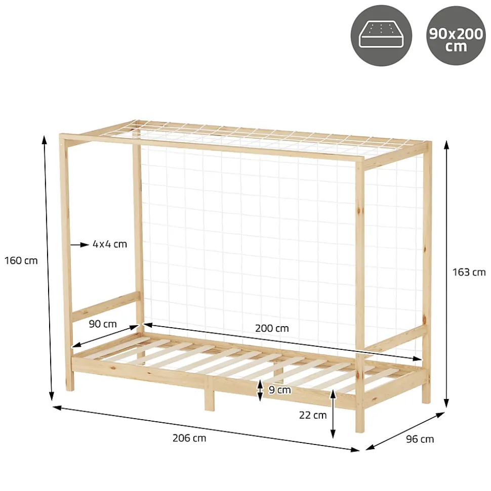 Lit d'enfant ML-Design 90x200 cm naturel beige bois de pin avec but de football et sommier à lattes