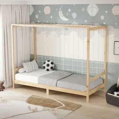 Lit d'enfant ML-Design 90x200 cm naturel beige bois de pin avec but de football et sommier à lattes