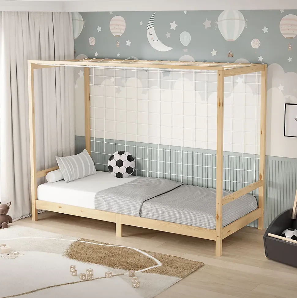 Lit d'enfant ML-Design 90x200 cm naturel beige bois de pin avec but de football et sommier à lattes