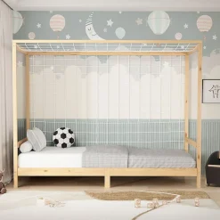 Lit d'enfant ML-Design 90x200 cm naturel beige bois de pin avec but de football et sommier à lattes