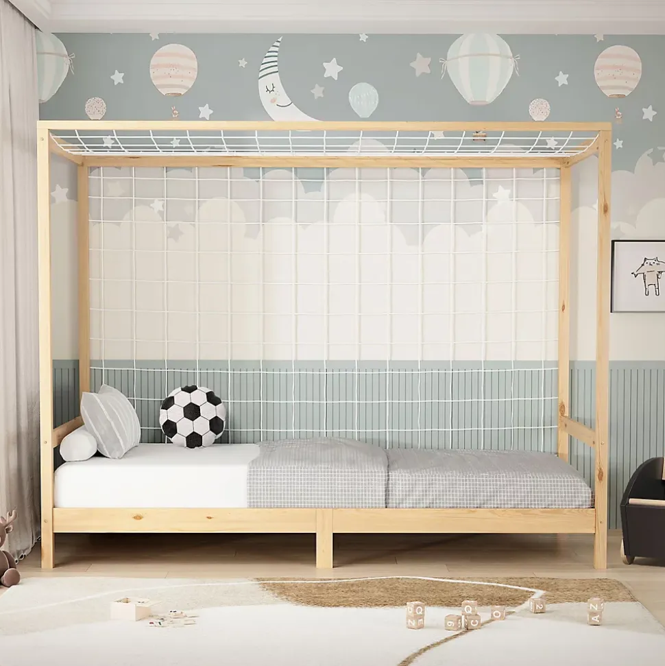 Lit d'enfant ML-Design 90x200 cm naturel beige bois de pin avec but de football et sommier à lattes
