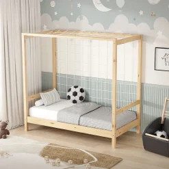 Lit d'enfant ML-Design 70x140 cm naturel beige bois de pin avec but de football et sommier à lattes