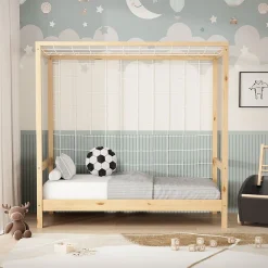 Lit d'enfant ML-Design 70x140 cm naturel beige bois de pin avec but de football et sommier à lattes