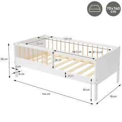 Lit d'enfant ML-Design 70x140 cm blanc-naturel en bois de pin avec sommier à lattes sans matelas
