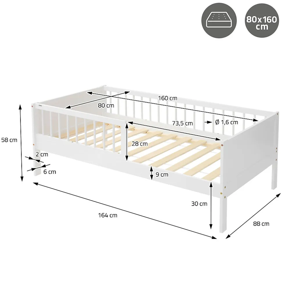 Lit d'enfant ML-Design 80x160 cm simple blanc en bois de pin avec sommier à lattes sans matelas