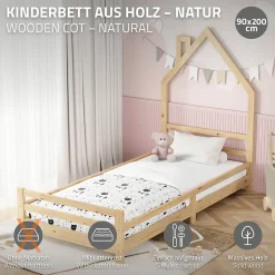 Lit d'enfant ML-Design 90x200 cm naturel forme maison bois de pin avec sommier à lattes sans matelas