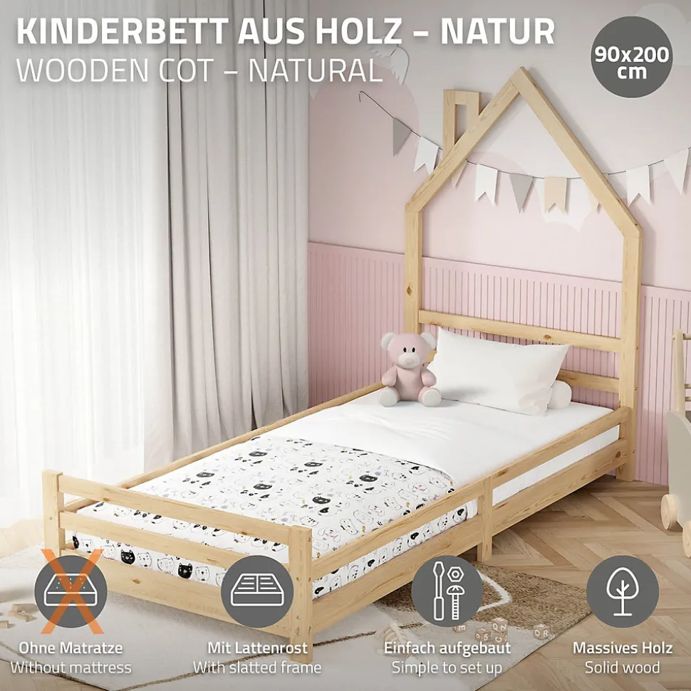 Lit d'enfant ML-Design 90x200 cm naturel forme maison bois de pin avec sommier à lattes sans matelas