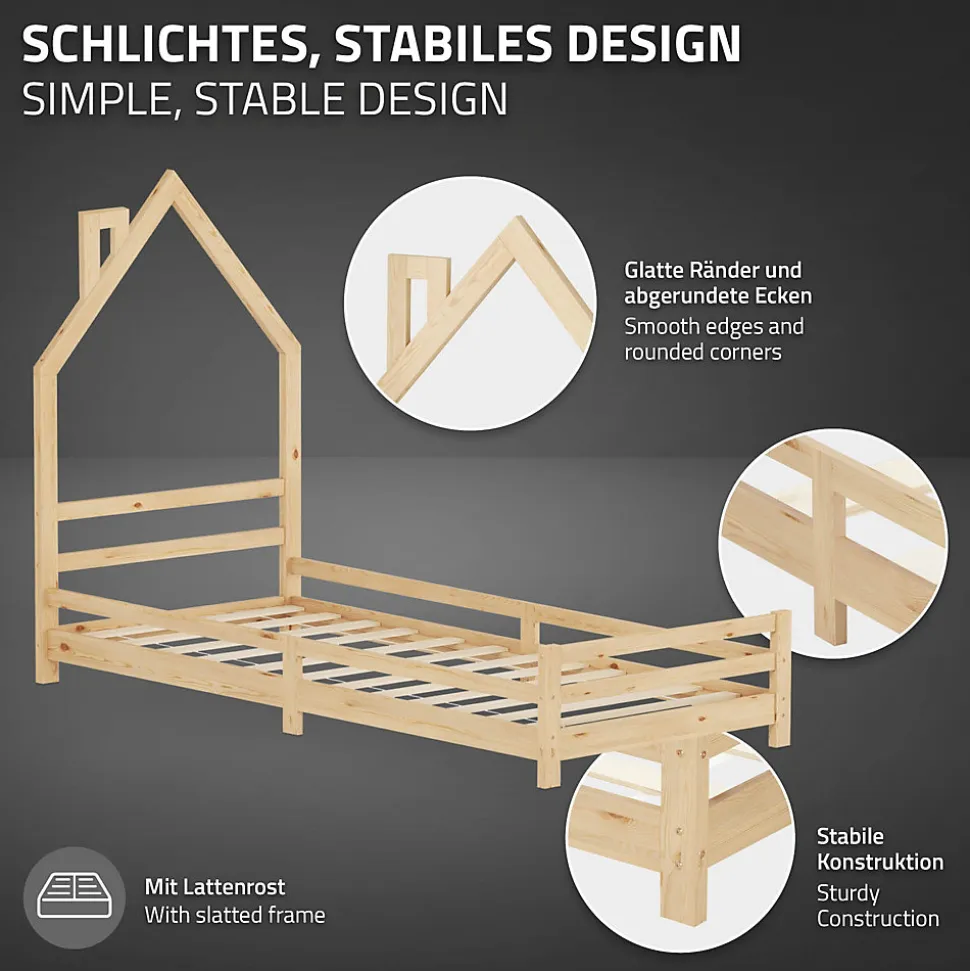 Lit d'enfant ML-Design 90x200 cm naturel forme maison bois de pin avec sommier à lattes sans matelas