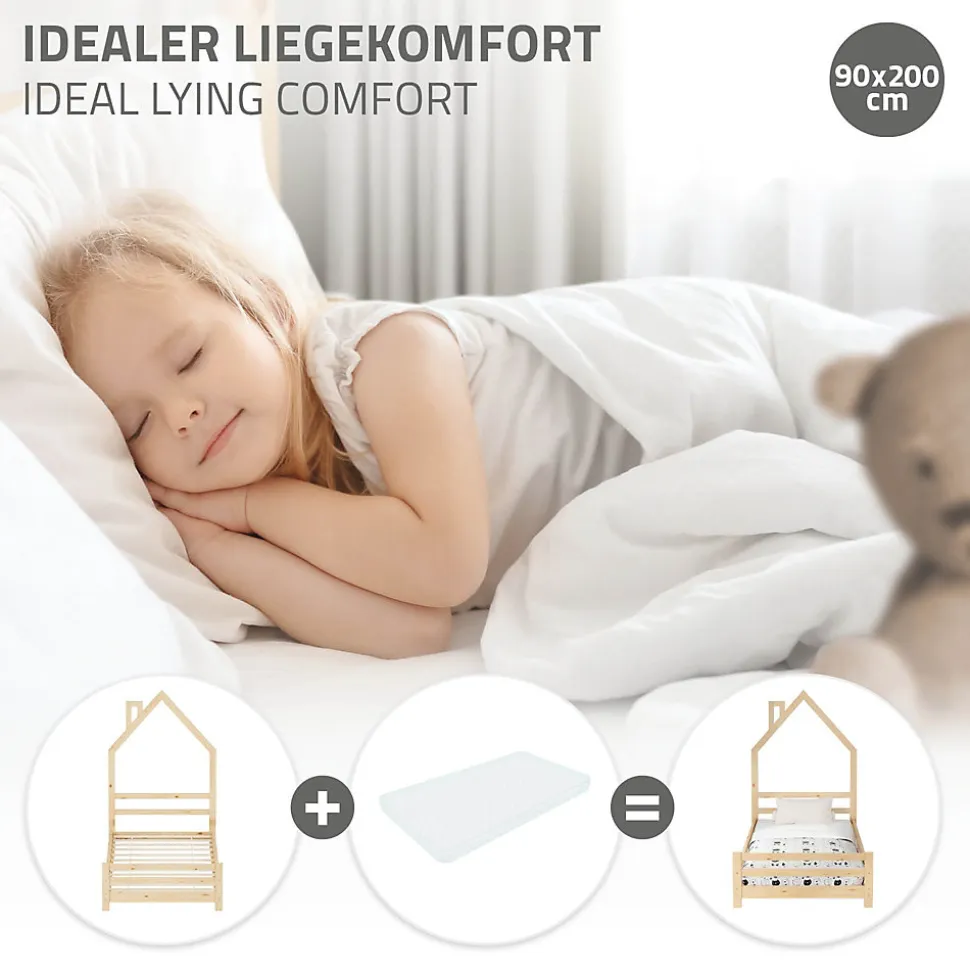 Lit d'enfant ML-Design 90x200 cm naturel forme maison bois de pin avec sommier à lattes sans matelas