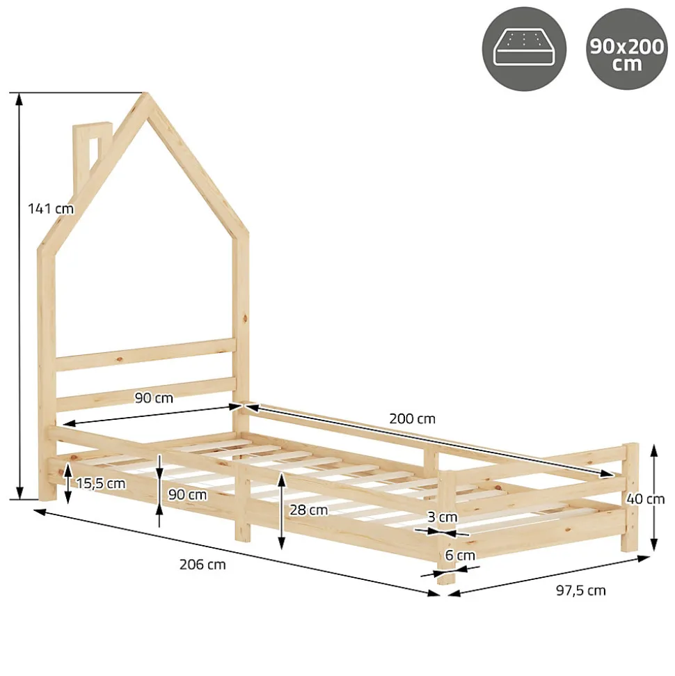 Lit d'enfant ML-Design 90x200 cm naturel forme maison bois de pin avec sommier à lattes sans matelas