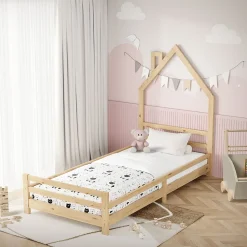 Lit d'enfant ML-Design 90x200 cm naturel forme maison bois de pin avec sommier à lattes sans matelas
