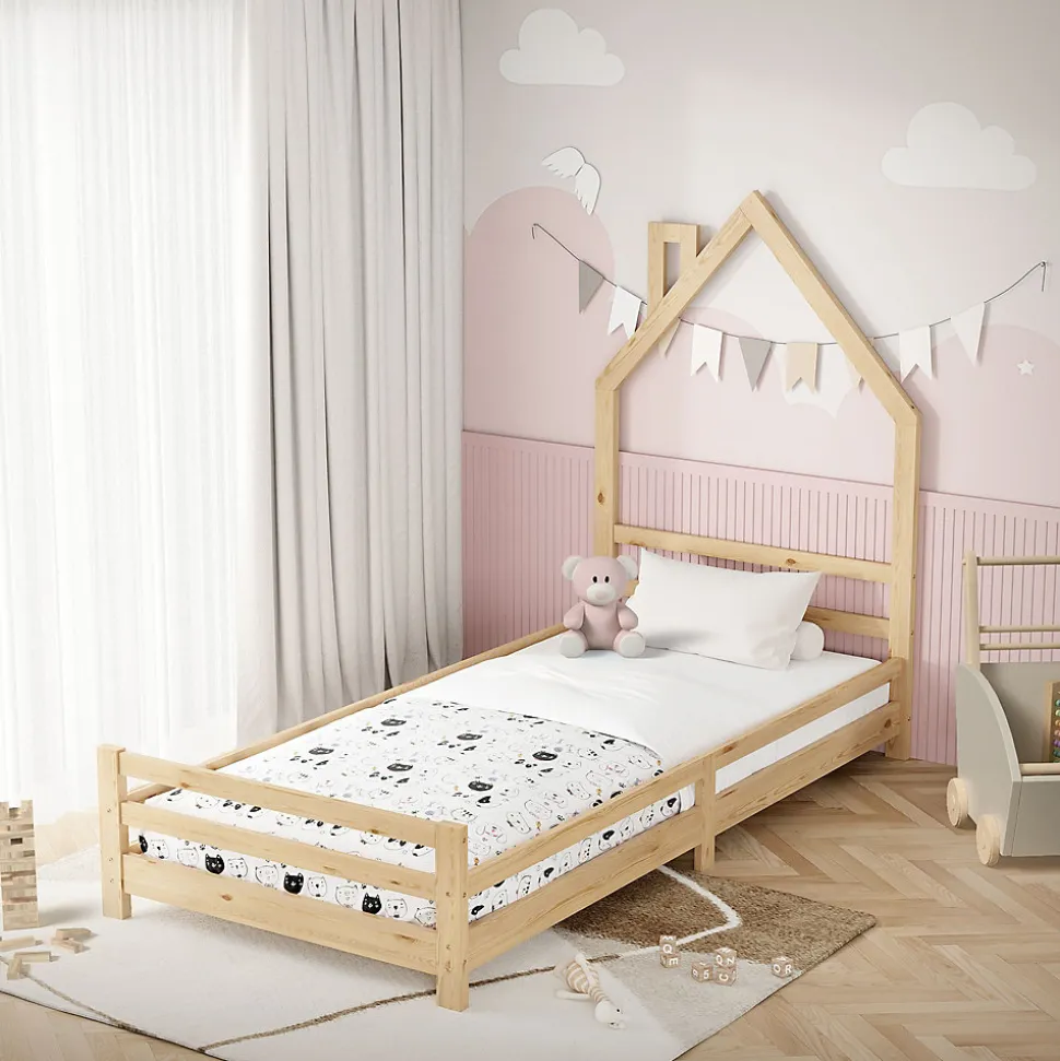 Lit d'enfant ML-Design 90x200 cm naturel forme maison bois de pin avec sommier à lattes sans matelas