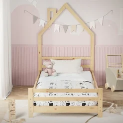 Lit d'enfant ML-Design 90x200 cm naturel forme maison bois de pin avec sommier à lattes sans matelas