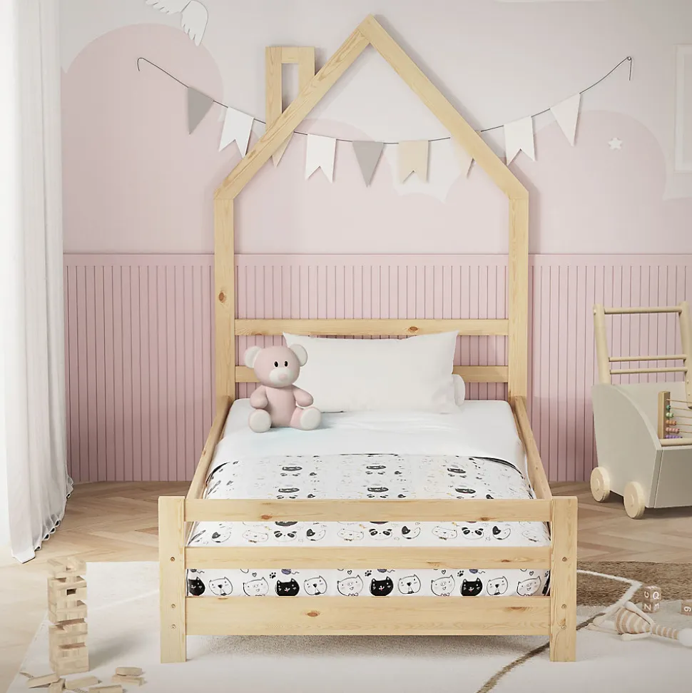 Lit d'enfant ML-Design 90x200 cm naturel forme maison bois de pin avec sommier à lattes sans matelas