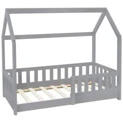 Lit d'enfant ML-Design 140x70cm gris clair bois de pin avec toit et sommier protection contre chutes