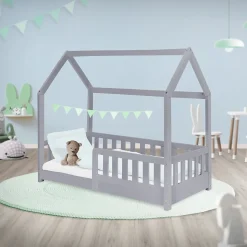 Lit d'enfant ML-Design 140x70cm gris clair bois de pin avec toit et sommier protection contre chutes