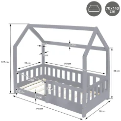 Lit d'enfant ML-Design 140x70cm gris clair bois de pin avec toit et sommier protection contre chutes