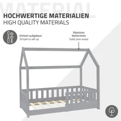 Lit d'enfant ML-Design 140x70cm gris clair bois de pin avec toit et sommier protection contre chutes