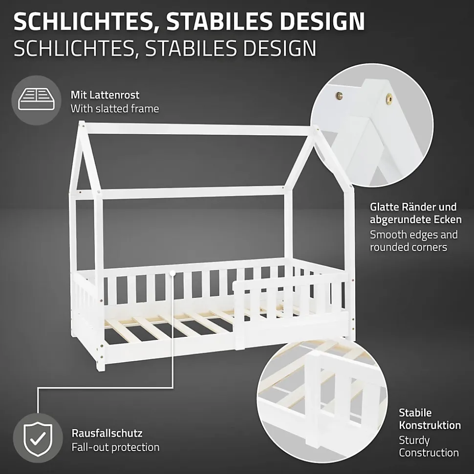 Lit d'enfant ML-Design 140x70cm blanc en bois de pin avec toit et sommier protection contre chutes