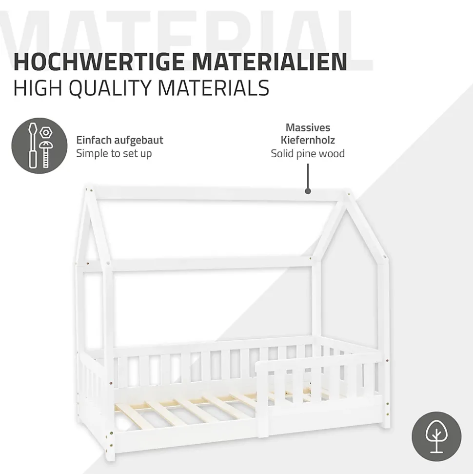 Lit d'enfant ML-Design 140x70cm blanc en bois de pin avec toit et sommier protection contre chutes