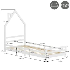 Lit d'enfant ML-Design 90x200cm blanc forme maison en bois de pin avec sommier à lattes sans matelas