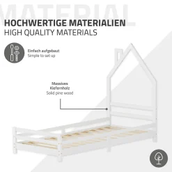 Lit d'enfant ML-Design 90x200cm blanc forme maison en bois de pin avec sommier à lattes sans matelas