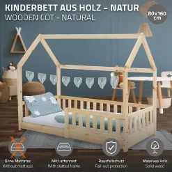 Lit d'enfant ML-Design 160x80cm naturel en bois de pin avec toit et sommier protection contre chutes