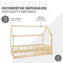 Lit d'enfant ML-Design 160x80cm naturel en bois de pin avec toit et sommier protection contre chutes