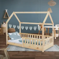 Lit d'enfant ML-Design 160x80cm naturel en bois de pin avec toit et sommier protection contre chutes