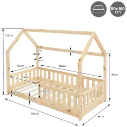 Lit d'enfant ML-Design 160x80cm naturel en bois de pin avec toit et sommier protection contre chutes