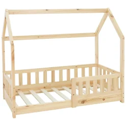 Lit d'enfant ML-Design 140x70cm naturel en bois de pin avec toit et sommier protection contre chutes